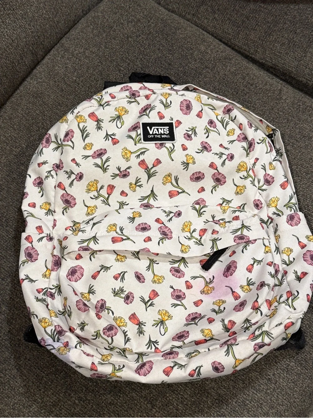Vans Old Skool White Floral Canvas Backpack with Pink & Yellow Blossoms